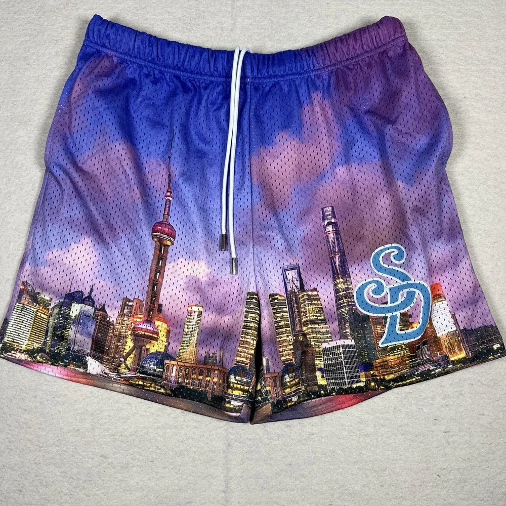 Snow Day Shorts Mens‎ Large Purple City Skyline Mesh Shanghai SD Logo Athletic